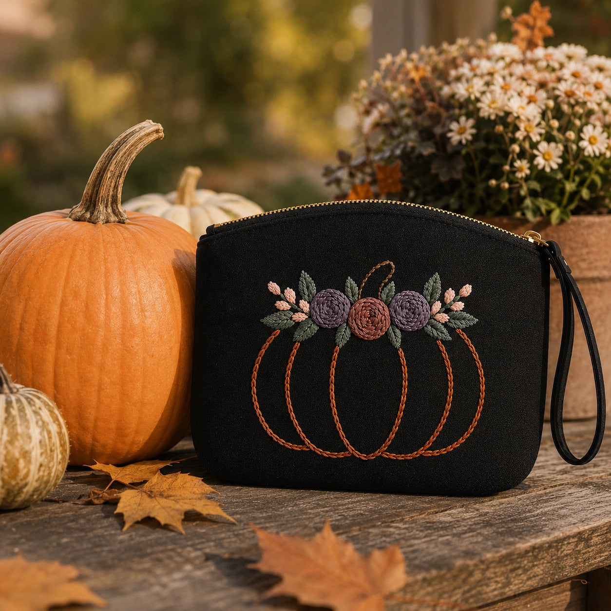 Damen Clutch Schwarz handbestickt – Kürbis mit Blumen – Handgelenktasche Kosmetiktasche Abendtasche Handmade Geschenkidee