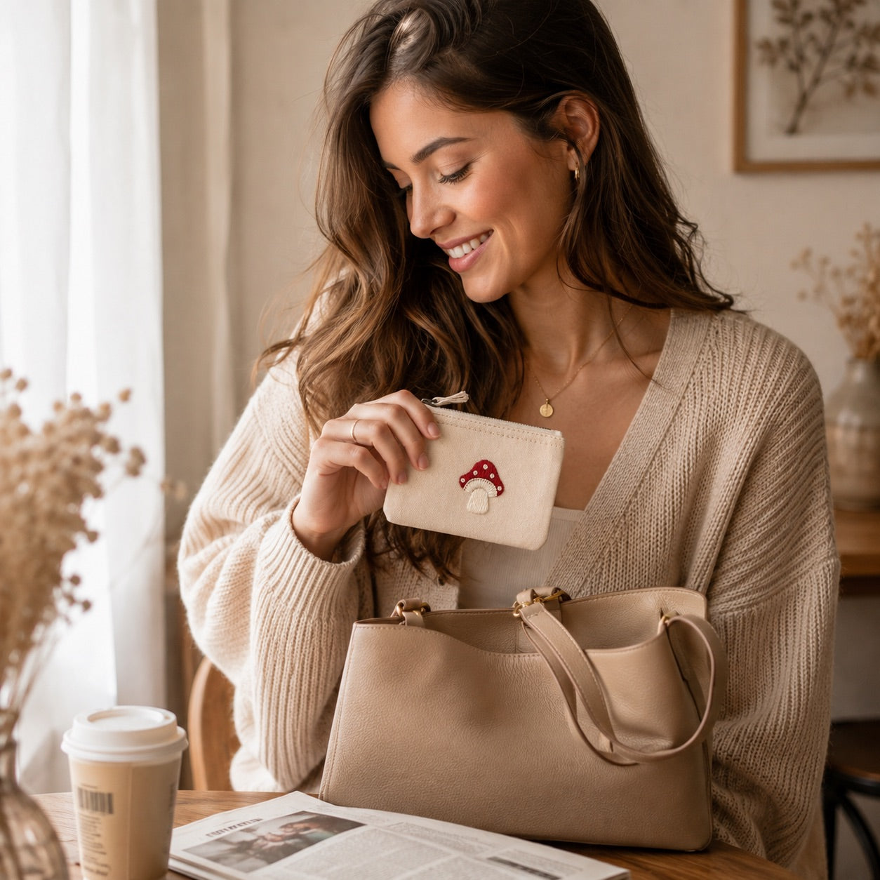 Handbestickte Geldbörse Glückspilz – Beige Baumwolle Münztasche Geldbeutel Portemonnaie – Handmade