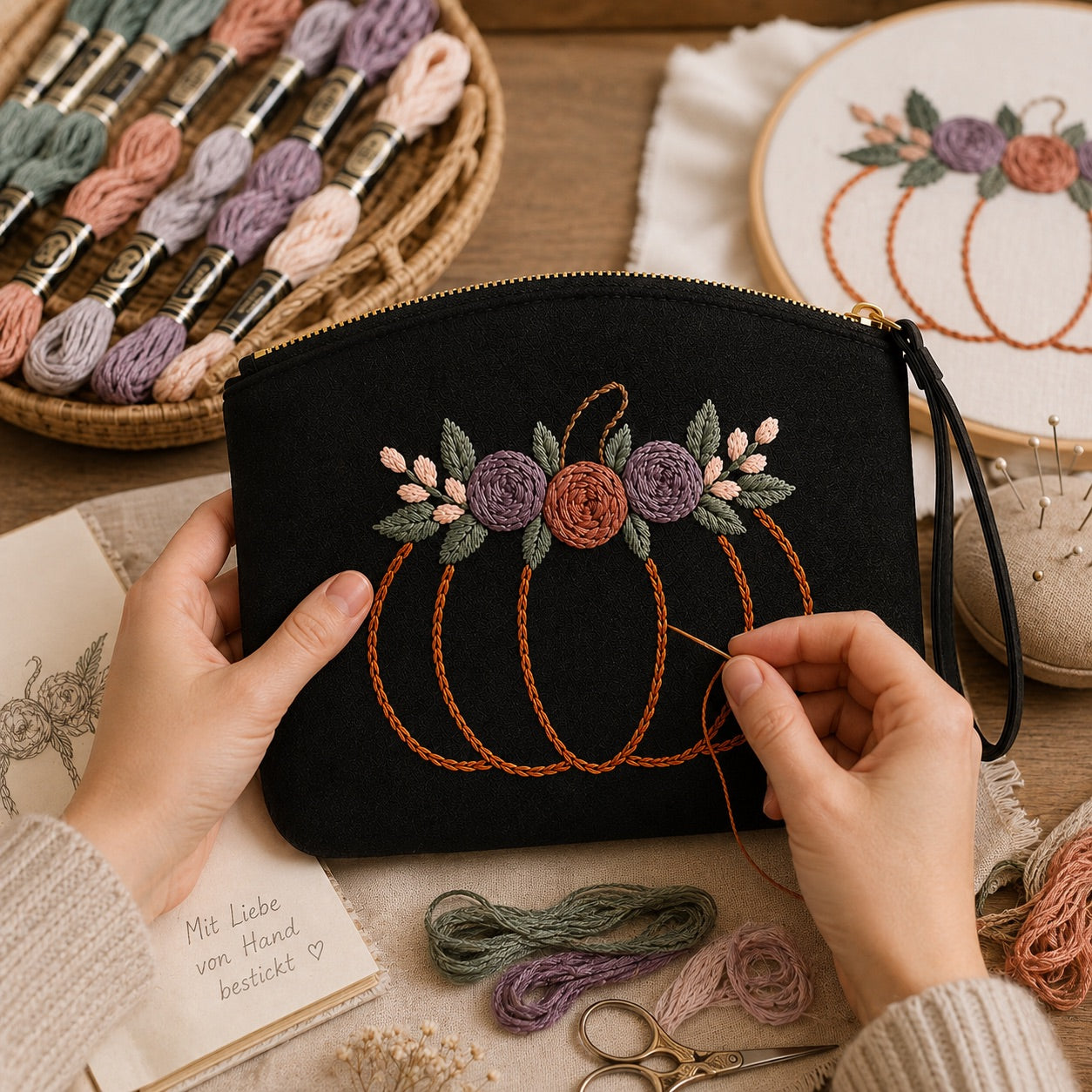 Damen Clutch Schwarz handbestickt – Kürbis mit Blumen – Handgelenktasche Kosmetiktasche Abendtasche Handmade Geschenkidee