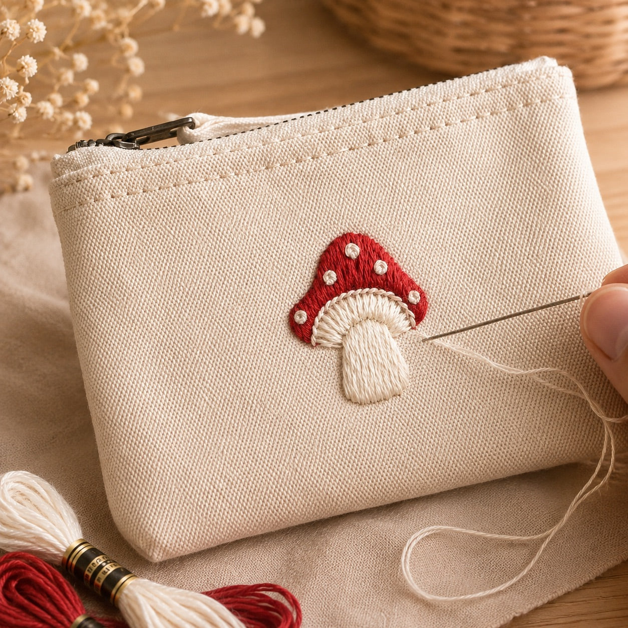 Handbestickte Geldbörse Glückspilz – Beige Baumwolle Münztasche Geldbeutel Portemonnaie – Handmade