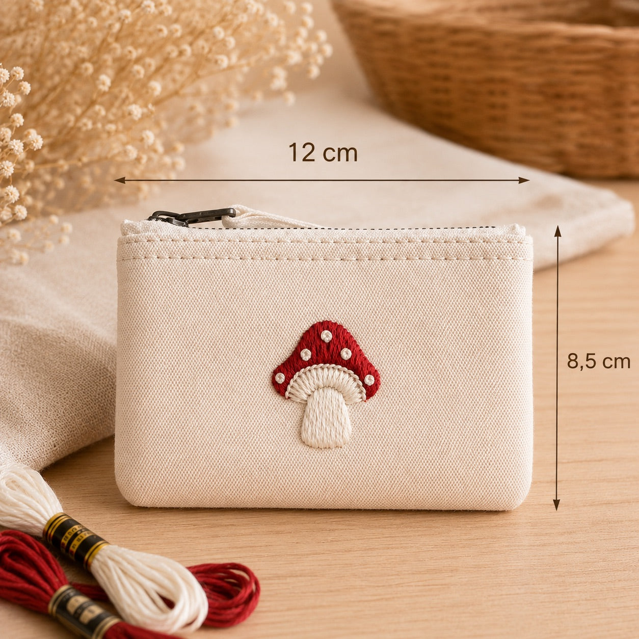 Handbestickte Geldbörse Glückspilz – Beige Baumwolle Münztasche Geldbeutel Portemonnaie – Handmade