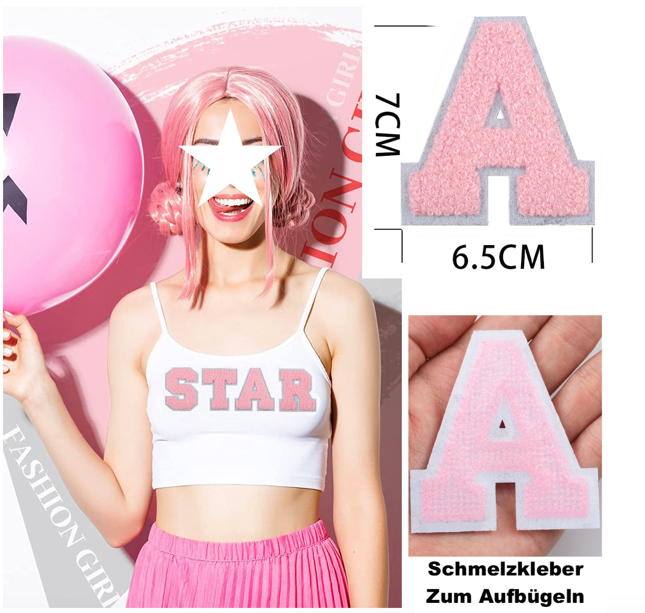 rosa 7cm A-Z Buchstaben-Aufnäher-Aufbügeln DIY-Kleidung Taschen Handyhülle