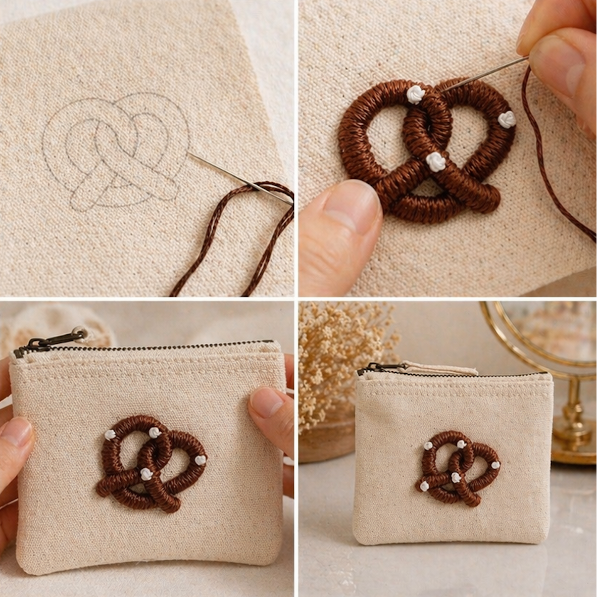 beige Handbestickte Geldbörse mit Brezel – Baumwolle Münztasche Geldbeutel