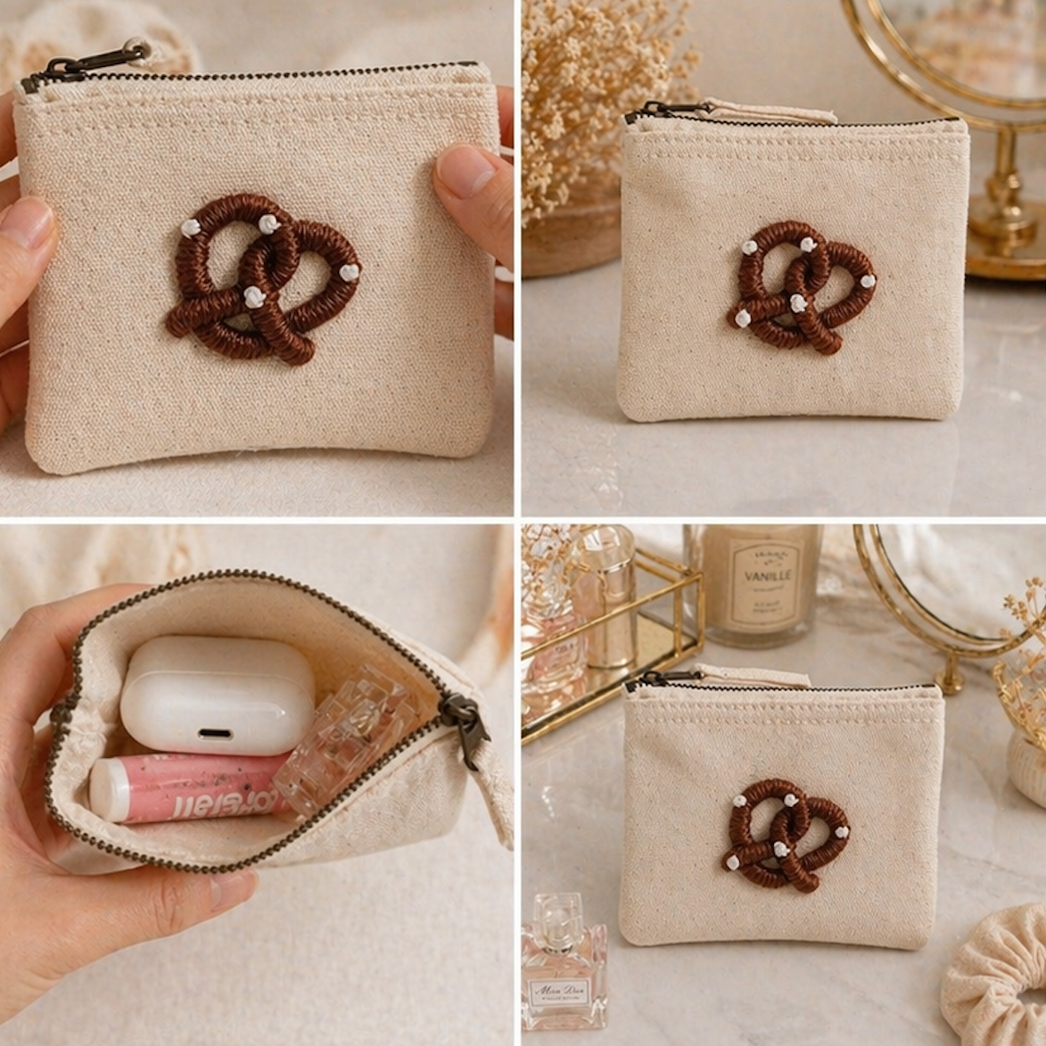 beige Handbestickte Geldbörse mit Brezel – Baumwolle Münztasche Geldbeutel