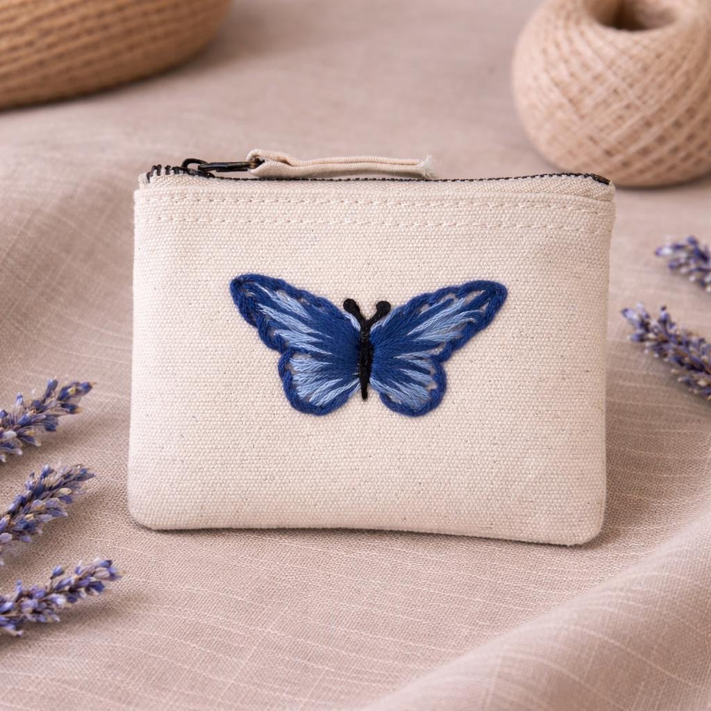 Handbestickte Geldbörse mit Schmetterling – Baumwolle Münztasche Geldbeutel Grün Blau Lila Gelb Braun