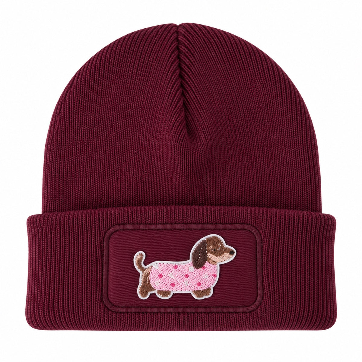 Beanie Mütze mit Dackel Patch – Handveredelte Unisex Strickmütze mit Umschlag – 100 % Polyacryl Soft Touch – Weich & Warm – für Damen & Herren