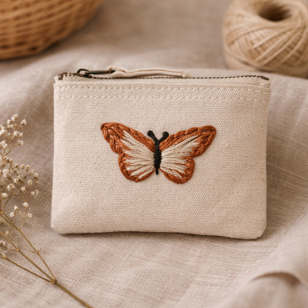 Handbestickte Geldbörse mit Schmetterling – Baumwolle Münztasche Geldbeutel Grün Blau Lila Gelb Braun