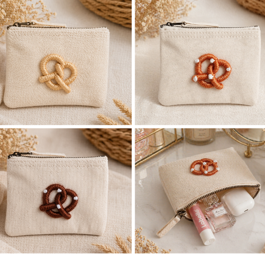 beige Handbestickte Geldbörse mit Brezel – Baumwolle Münztasche Geldbeutel