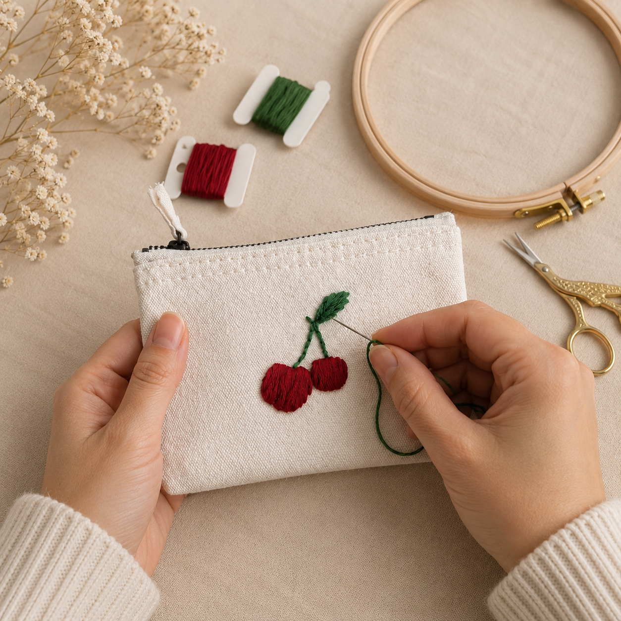 beige Handbestickte Geldbörse mit Kirsche – Baumwolle Münztasche Geldbeutel