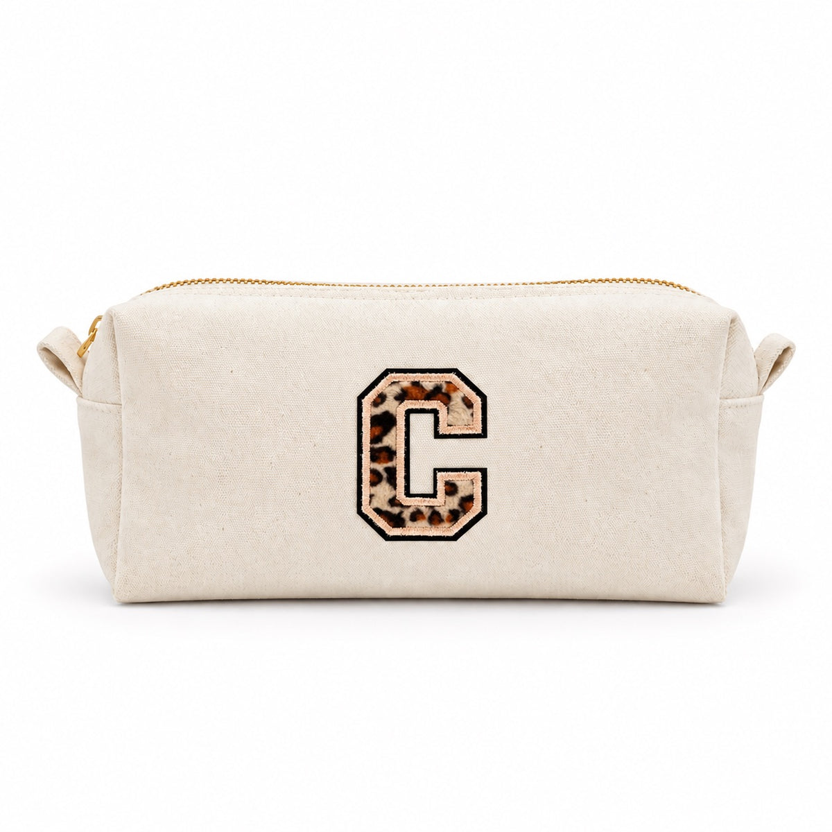 Kosmetiktasche mit Leo-Buchstaben A–Z oder Herz | Baumwolle Make-up Tasche S & L | Beige & Schwarz | Personalisiertes Geschenk für Frauen Kulturbeutel Reiseorganizer