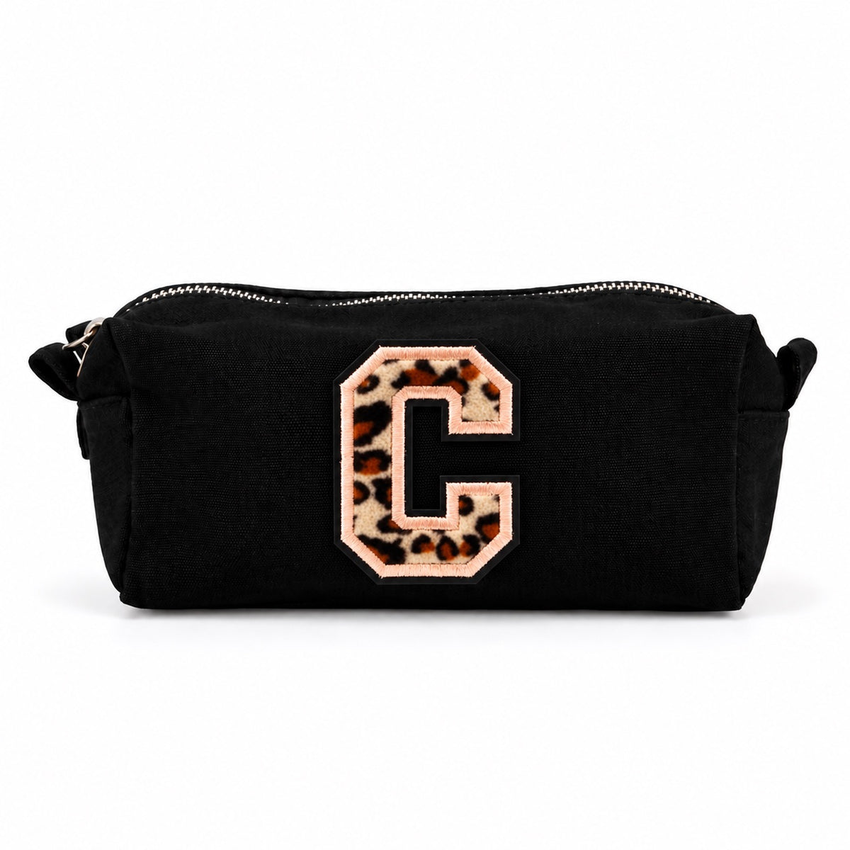Kosmetiktasche mit Leo-Buchstaben A–Z oder Herz | Baumwolle Make-up Tasche S & L | Beige & Schwarz | Personalisiertes Geschenk für Frauen Kulturbeutel Reiseorganizer