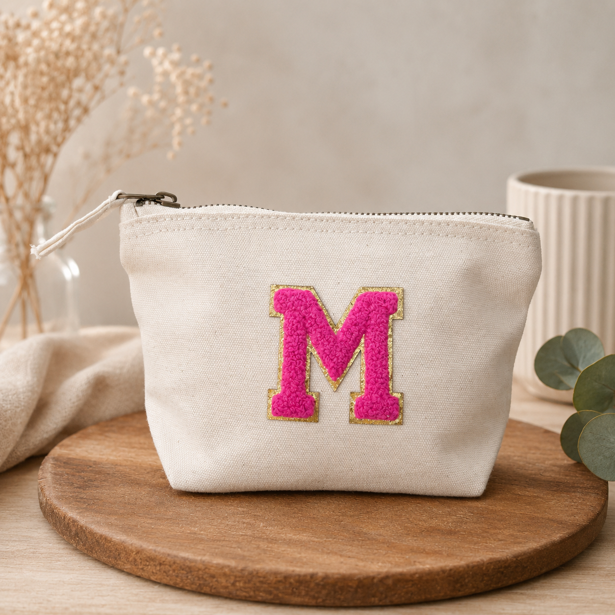 Pink Initiale Tasche Beige Kosmetiktasche S • A–Z • Reise & Geschenkidee Buchstaben
