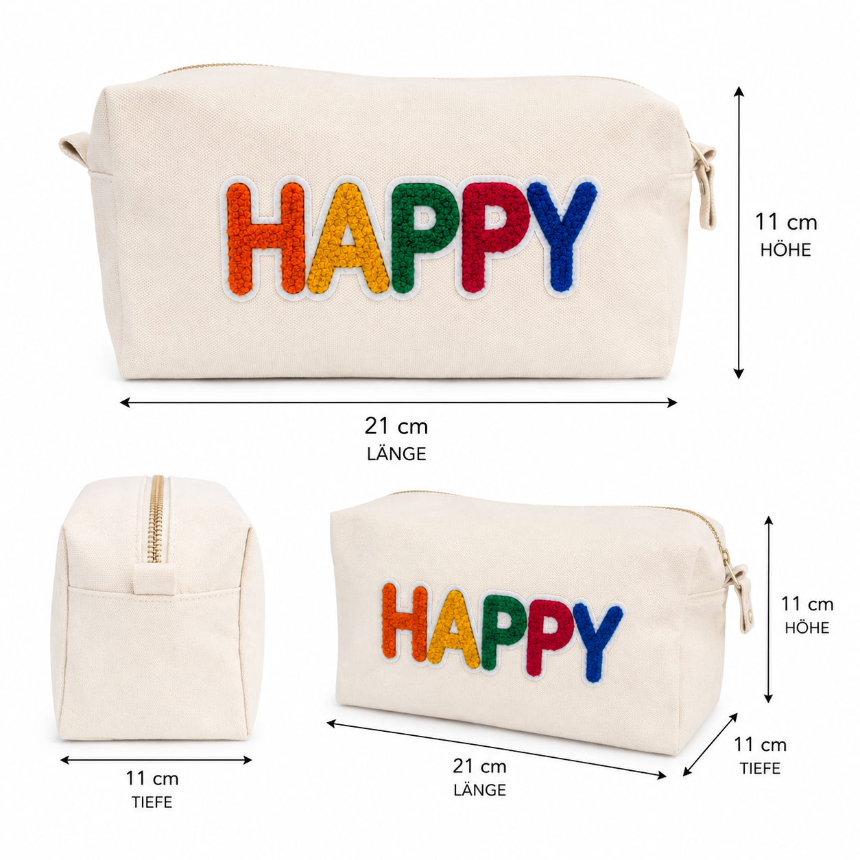 beige Kosmetiktasche L aus Baumwolle mit Happy | Kulturbeutel mit Reißverschluss | Make-up Tasche, Reiseorganizer, Geschenk für Frauen