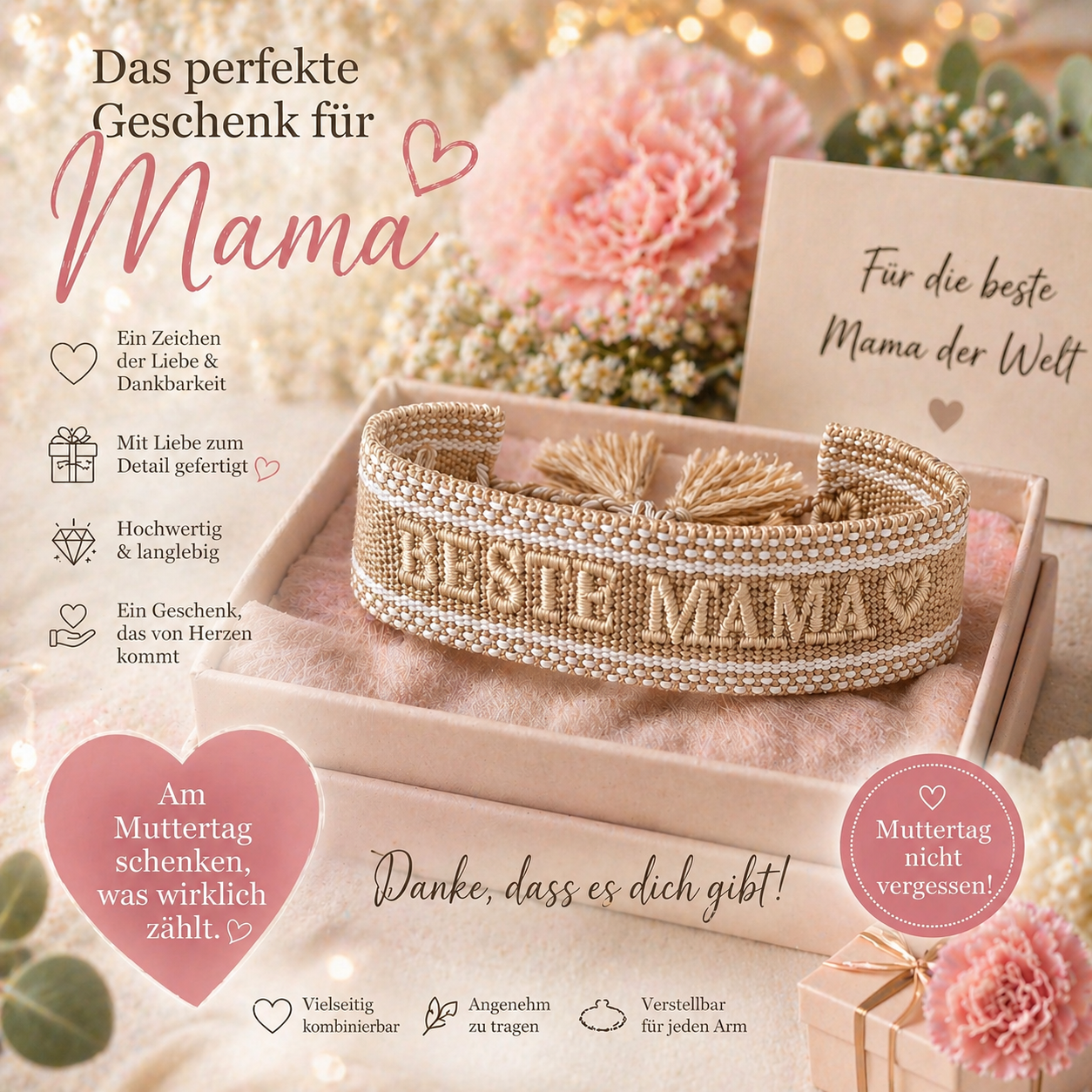 Freundschaftsarmband Damen – Botschaft wählbar (BESTE MAMA, BESTE FREUNDIN, BE HAPPY) – Geschenk Idee