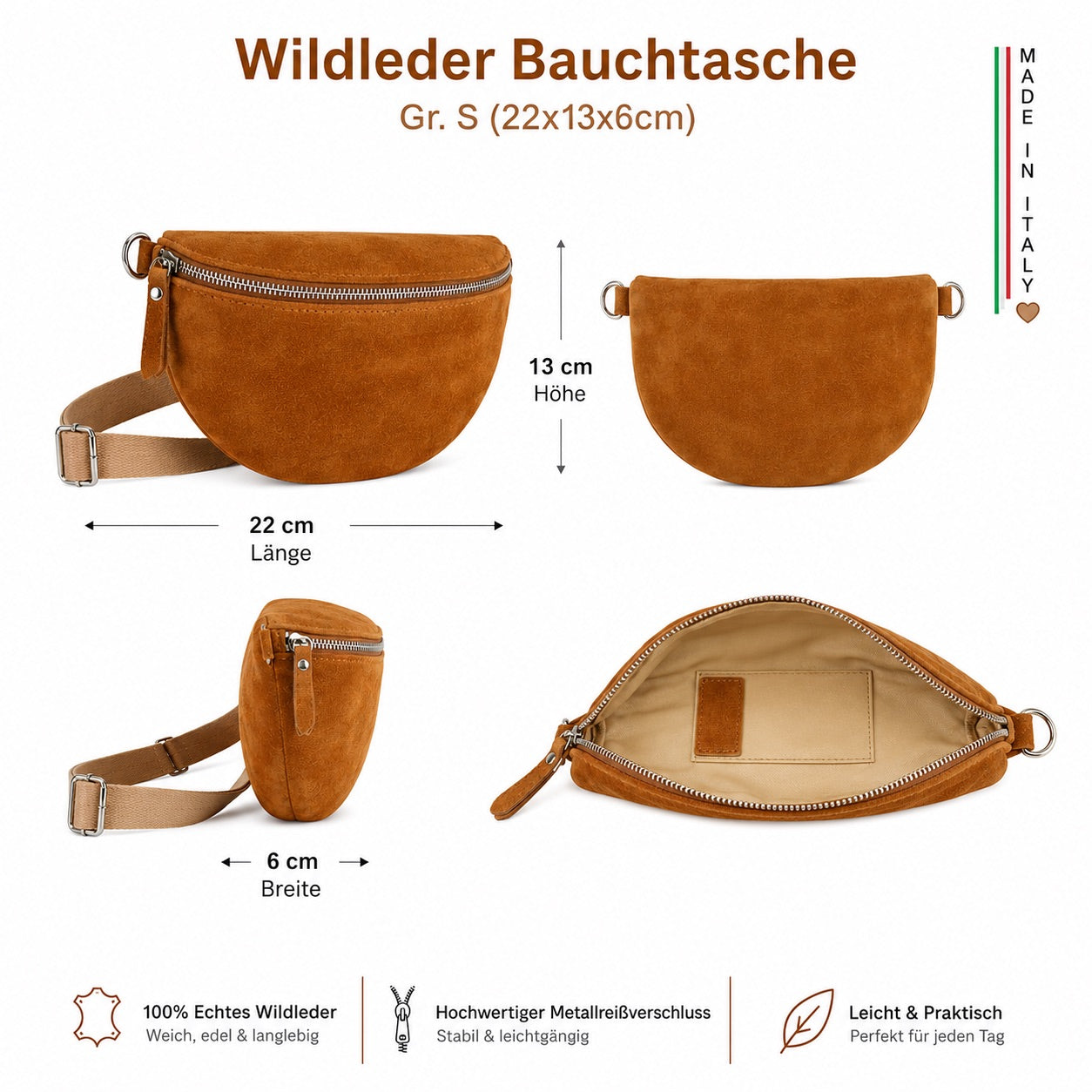 Damen Wildleder Crossbody Bag BASIC – Bauchtasche, Gürteltasche, Schulter- & Umhängetasche – S–L Beige Braun Schwarz