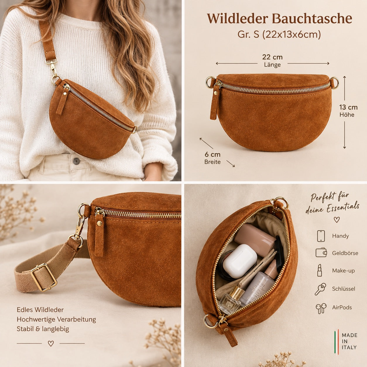 Damen Wildleder Crossbody Bag BASIC – Bauchtasche, Gürteltasche, Schulter- & Umhängetasche – S–L Beige Braun Schwarz