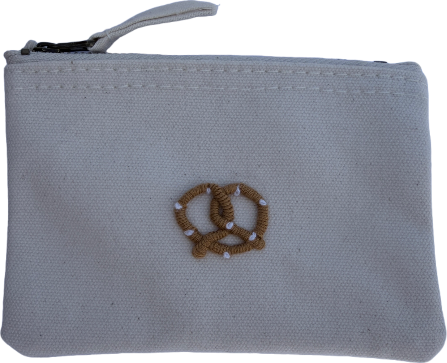 beige Handbestickte Geldbörse mit Brezel – Baumwolle Münztasche Geldbeutel