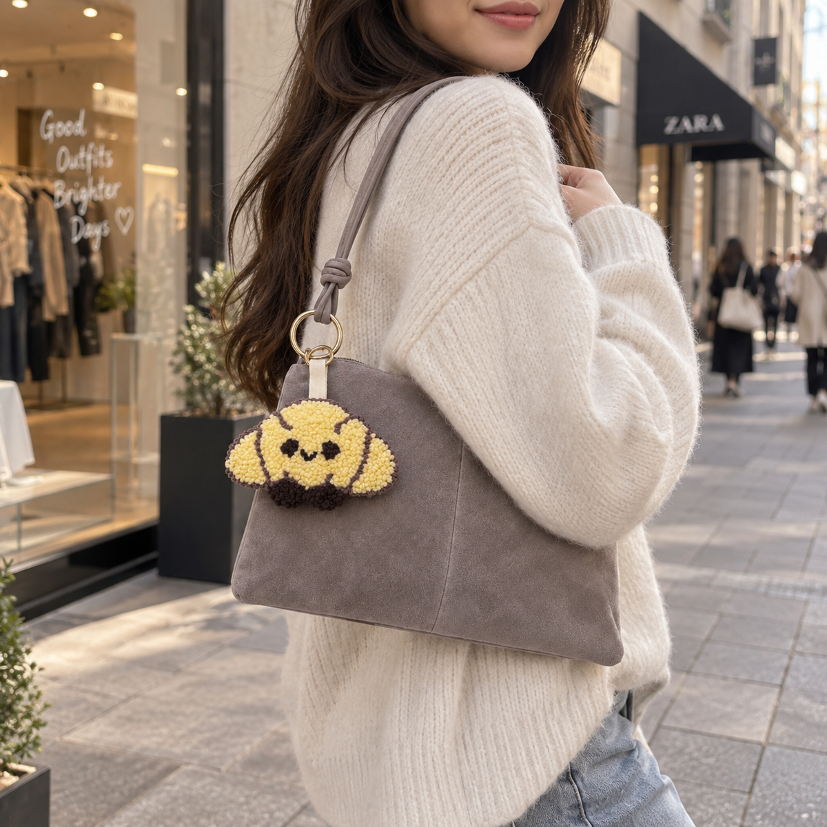 Handgemachter Croissant Taschenanhänger Schlüsselanhänger Punch Needle Kawaii süß