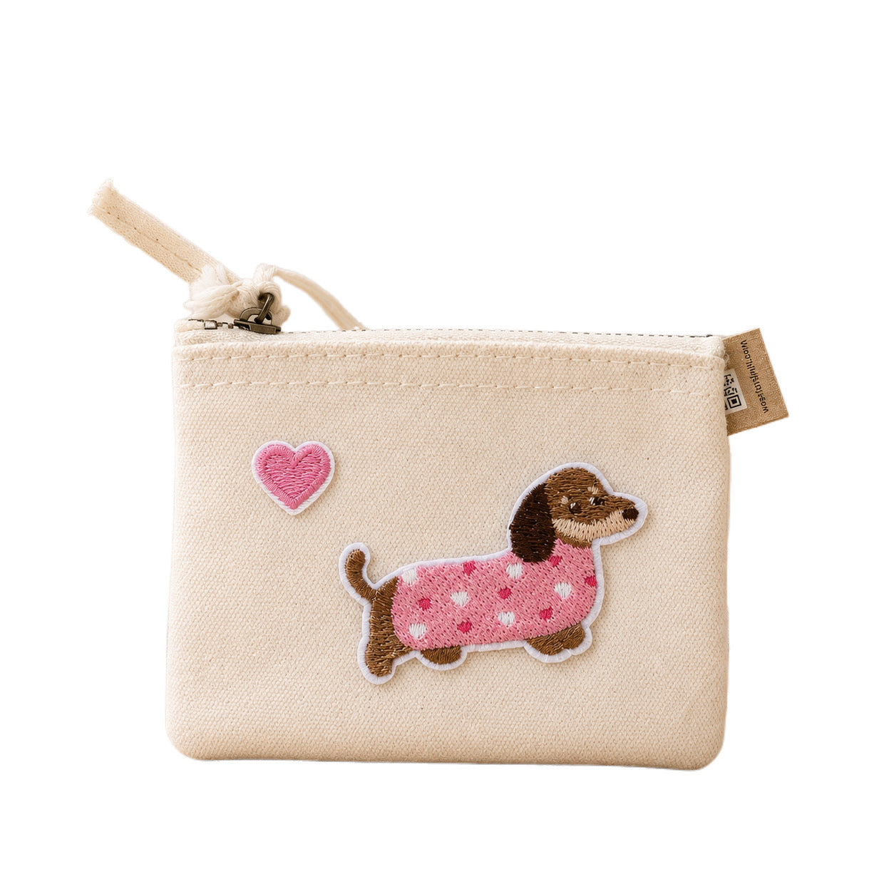 Baumwoll-Geldbörse mit niedlicher Dackel-Stickerei – Beige | XS Kosmetiktasche mit Metall-Reißverschluss | Mini Portemonnaie für Karten, Münzen & Kosmetik | Geschenk für Dackel-Liebhaber