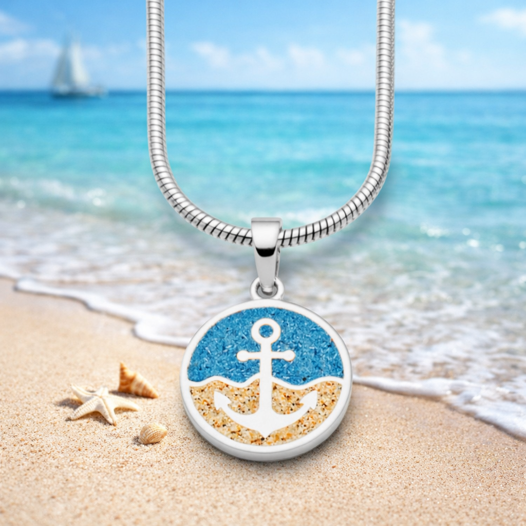 DUR Silber Schmuck Anhänger "Anker" mit Strandsand und Steinsand blau P3528