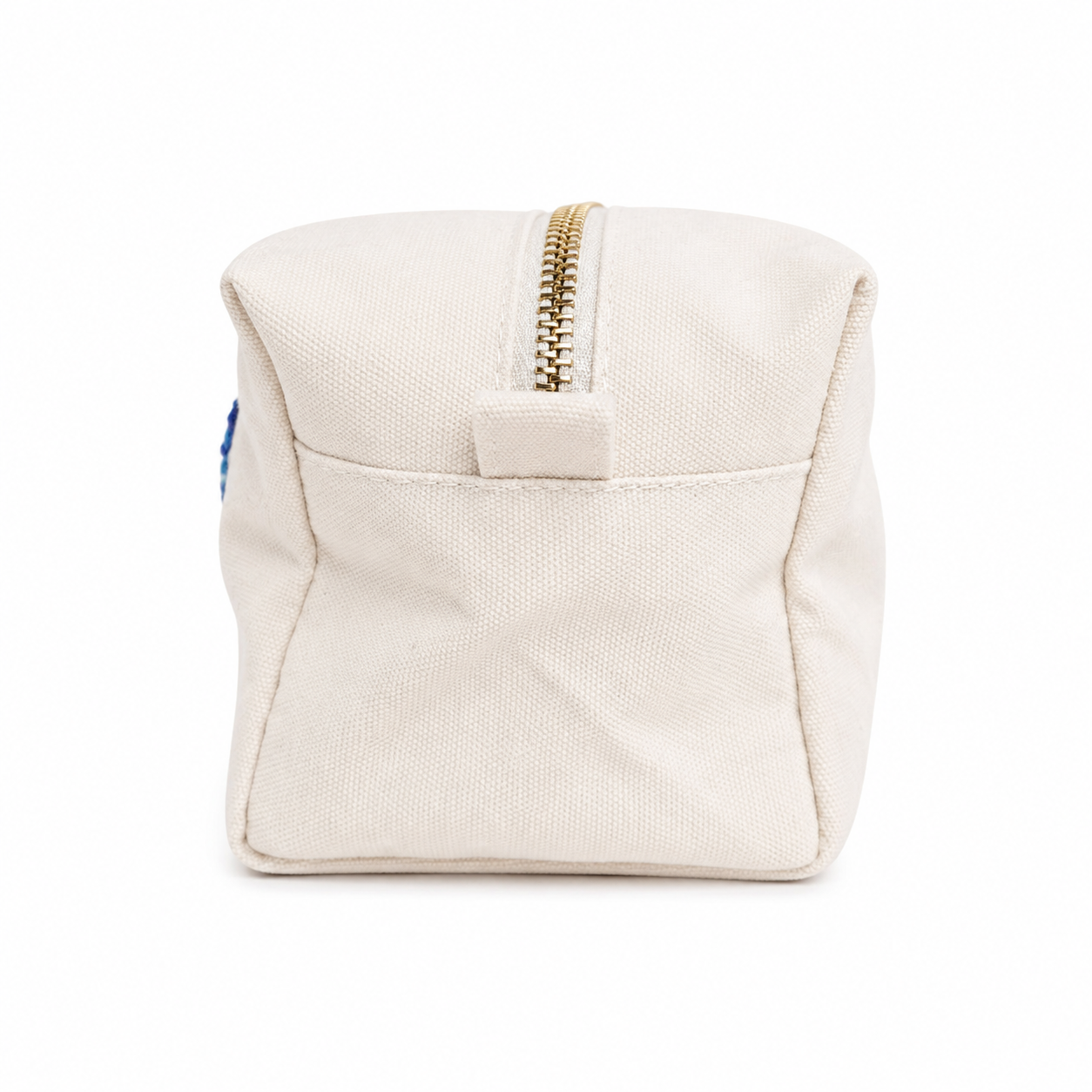 beige Kosmetiktasche L aus Baumwolle mit Happy | Kulturbeutel mit Reißverschluss | Make-up Tasche, Reiseorganizer, Geschenk für Frauen