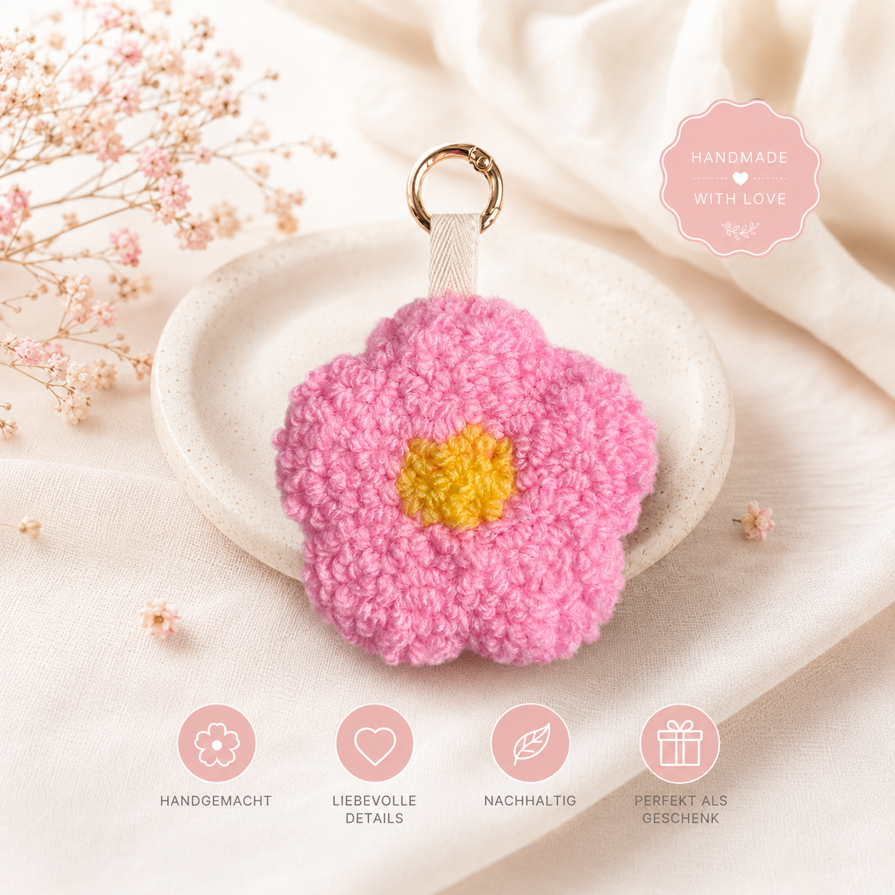 Blume Schlüsselanhänger handmade doppelseitig Taschenanhänger Punch Needle Geschenkidee