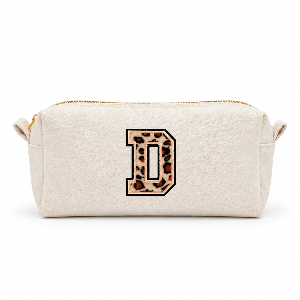 Kosmetiktasche mit Leo-Buchstaben A–Z oder Herz | Baumwolle Make-up Tasche S & L | Beige & Schwarz | Personalisiertes Geschenk für Frauen Kulturbeutel Reiseorganizer