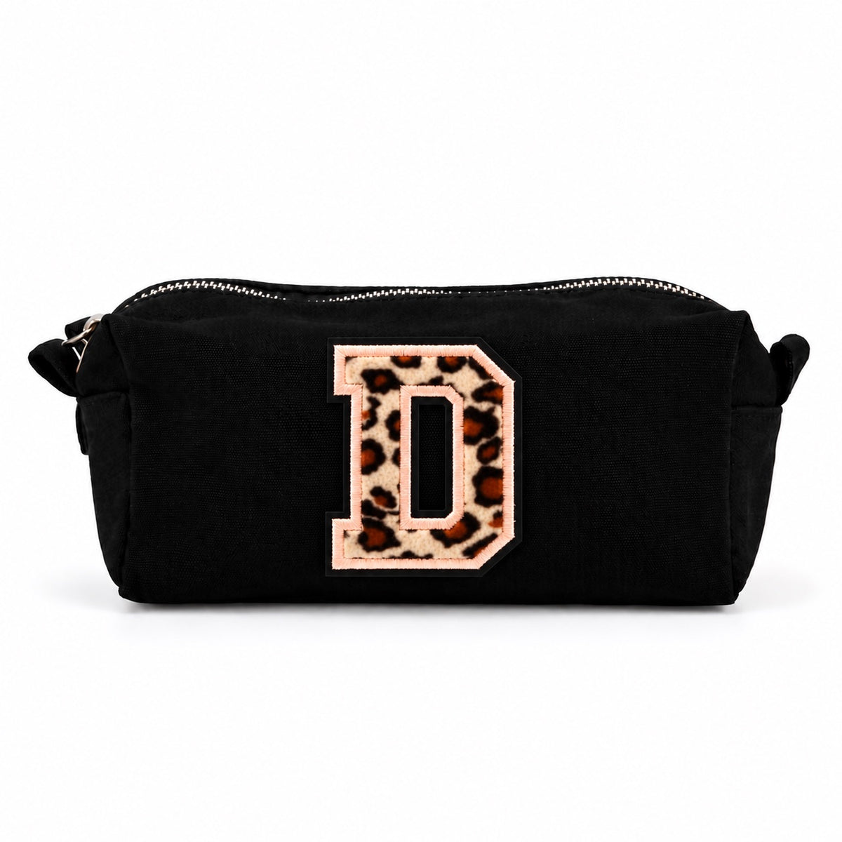 Kosmetiktasche mit Leo-Buchstaben A–Z oder Herz | Baumwolle Make-up Tasche S & L | Beige & Schwarz | Personalisiertes Geschenk für Frauen Kulturbeutel Reiseorganizer