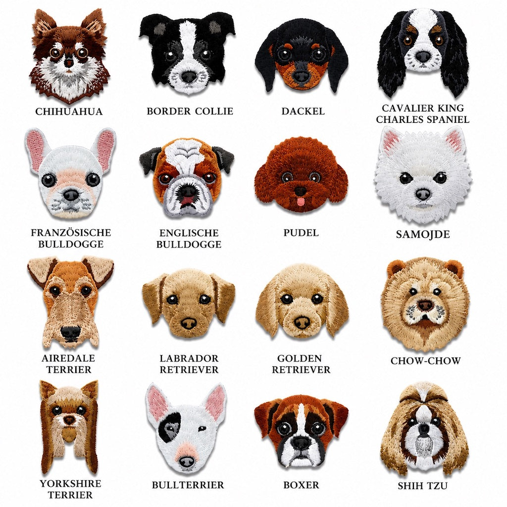 Hunde Aufnäher zum Aufbügeln | Patch Bügelbild | 16 Hunderassen für Kleidung, Tasche, Jeans