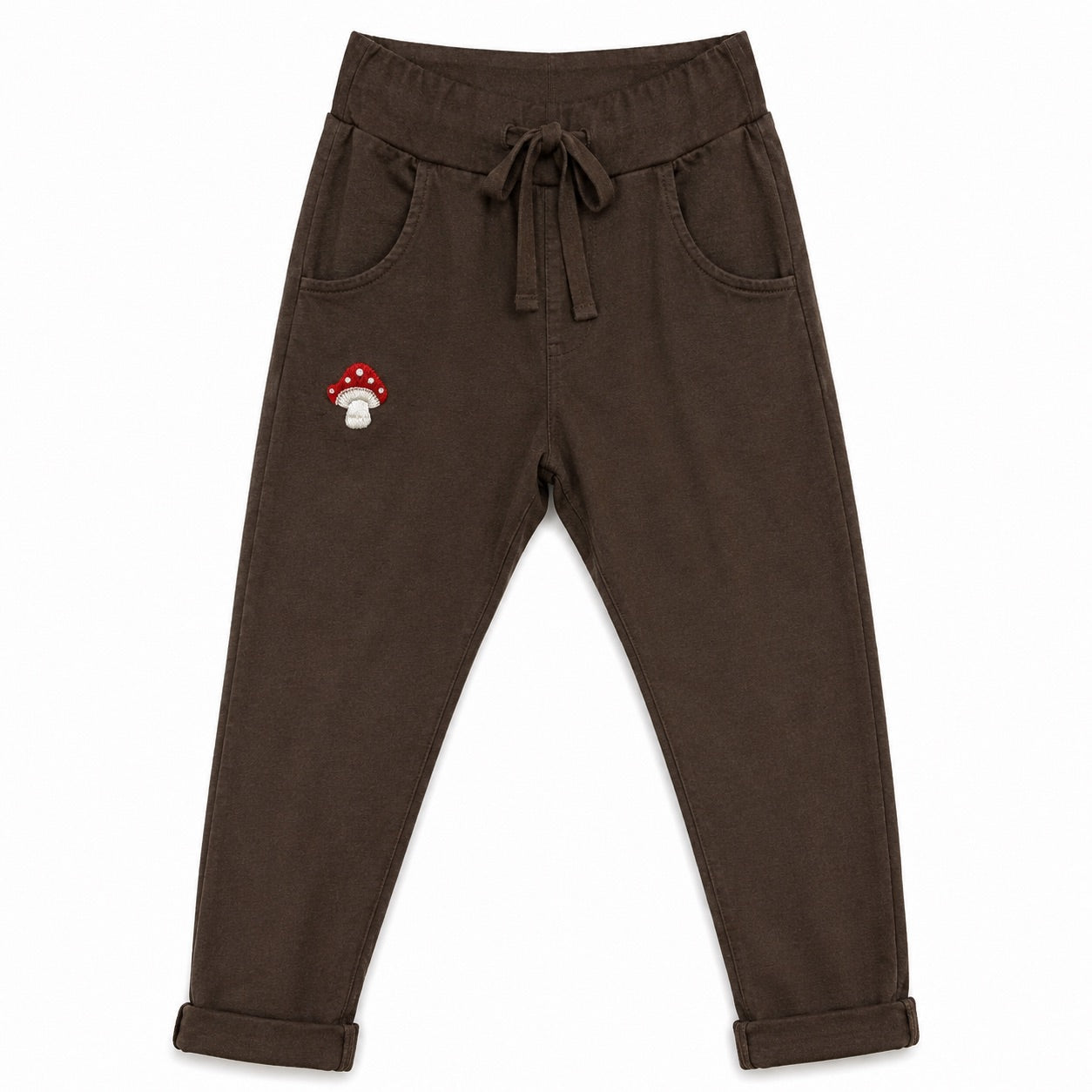 Damen Jogpants Baggy Hose Glückspilz Handstickerei Baumwolle S–XXL Beige Braun Taupe Schwarz