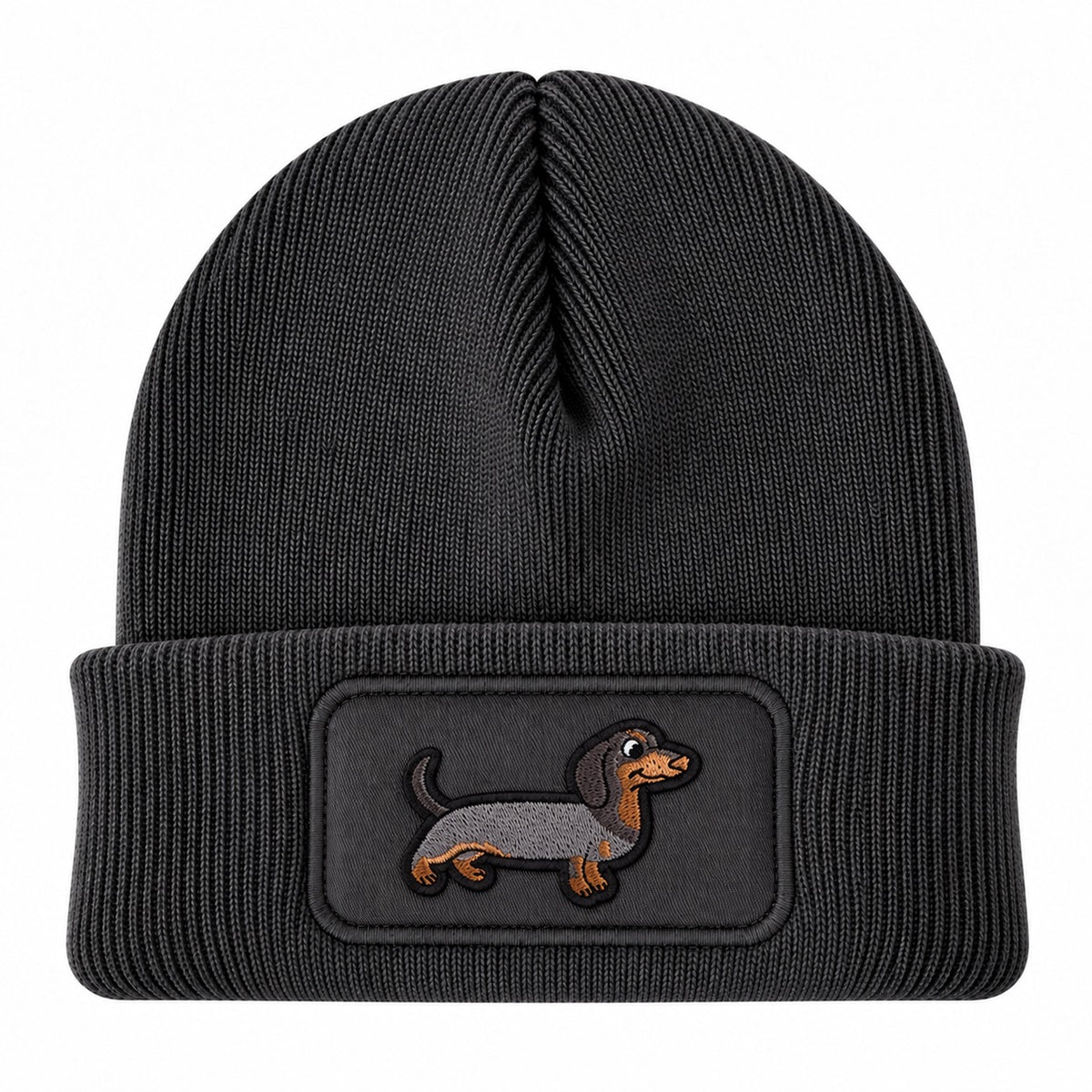Beanie Mütze mit Dackel Patch – Handveredelte Unisex Strickmütze mit Umschlag – 100 % Polyacryl Soft Touch – Weich & Warm – für Damen & Herren