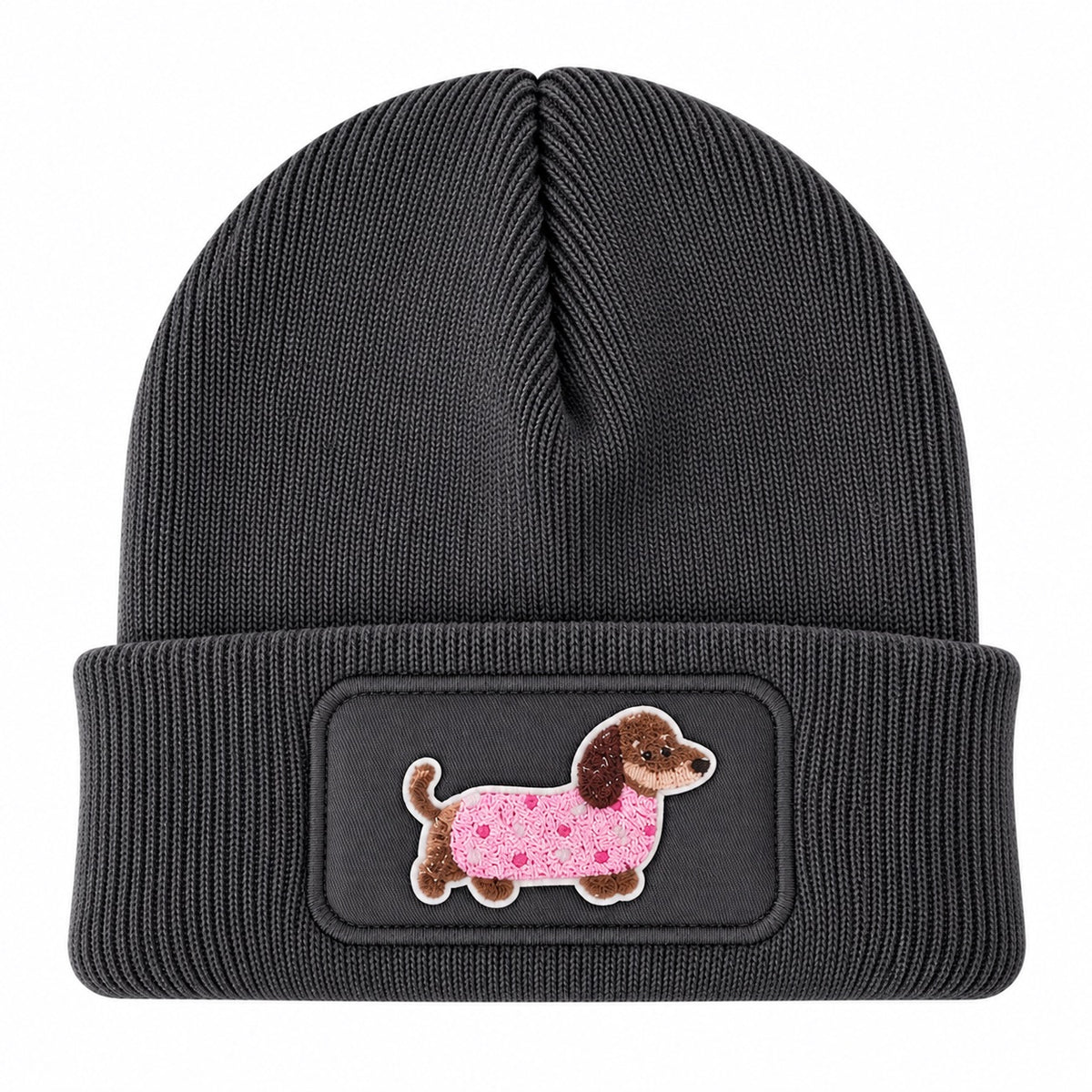 Beanie Mütze mit Dackel Patch – Handveredelte Unisex Strickmütze mit Umschlag – 100 % Polyacryl Soft Touch – Weich & Warm – für Damen & Herren