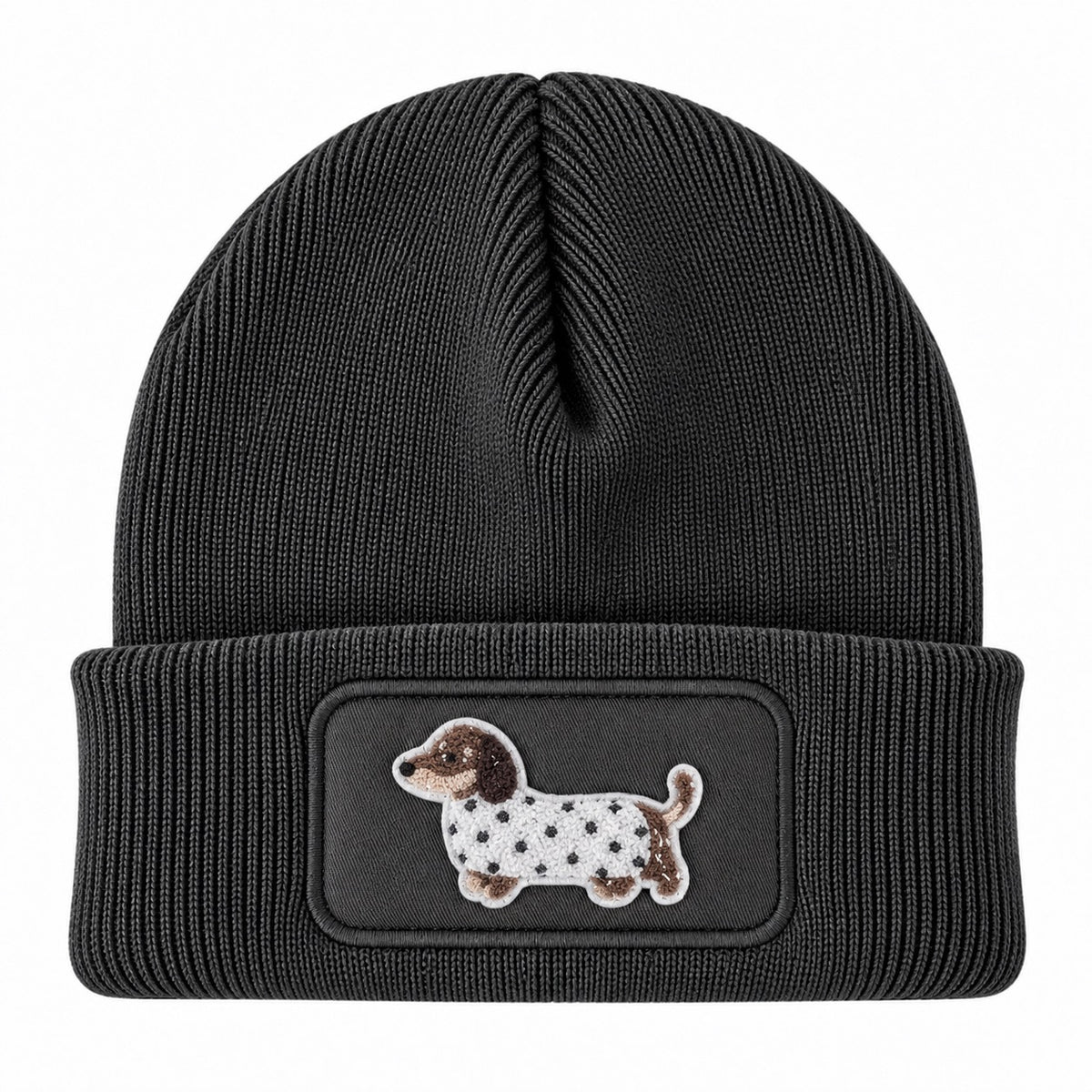 Beanie Mütze mit Dackel Patch – Handveredelte Unisex Strickmütze mit Umschlag – 100 % Polyacryl Soft Touch – Weich & Warm – für Damen & Herren
