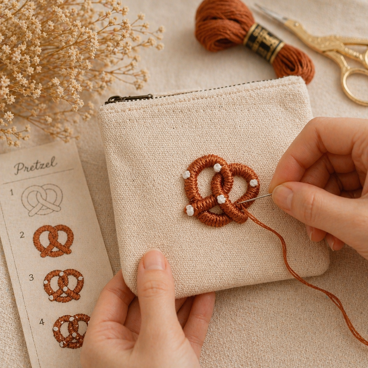 beige Handbestickte Geldbörse mit Brezel – Baumwolle Münztasche Geldbeutel