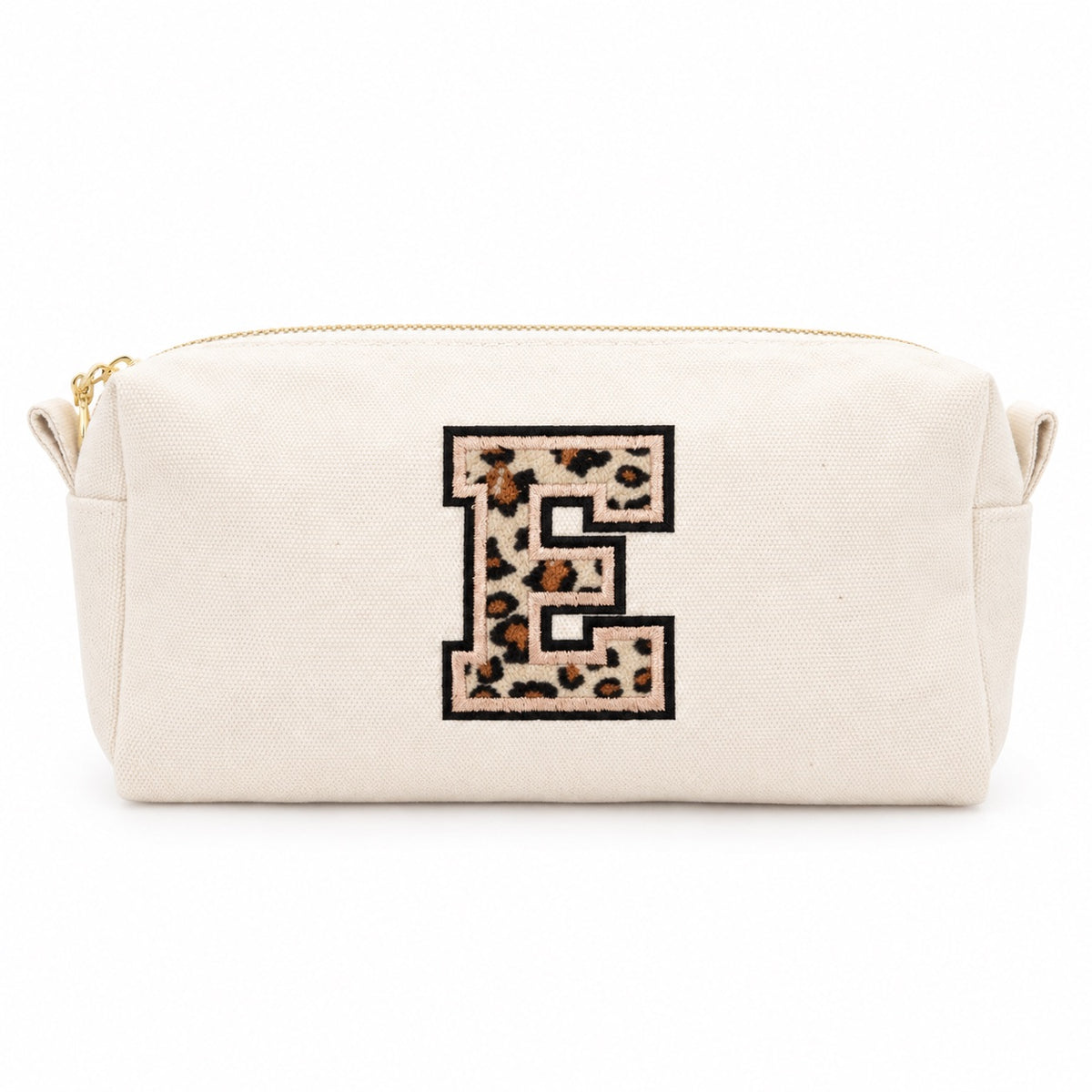 Kosmetiktasche mit Leo-Buchstaben A–Z oder Herz | Baumwolle Make-up Tasche S & L | Beige & Schwarz | Personalisiertes Geschenk für Frauen Kulturbeutel Reiseorganizer