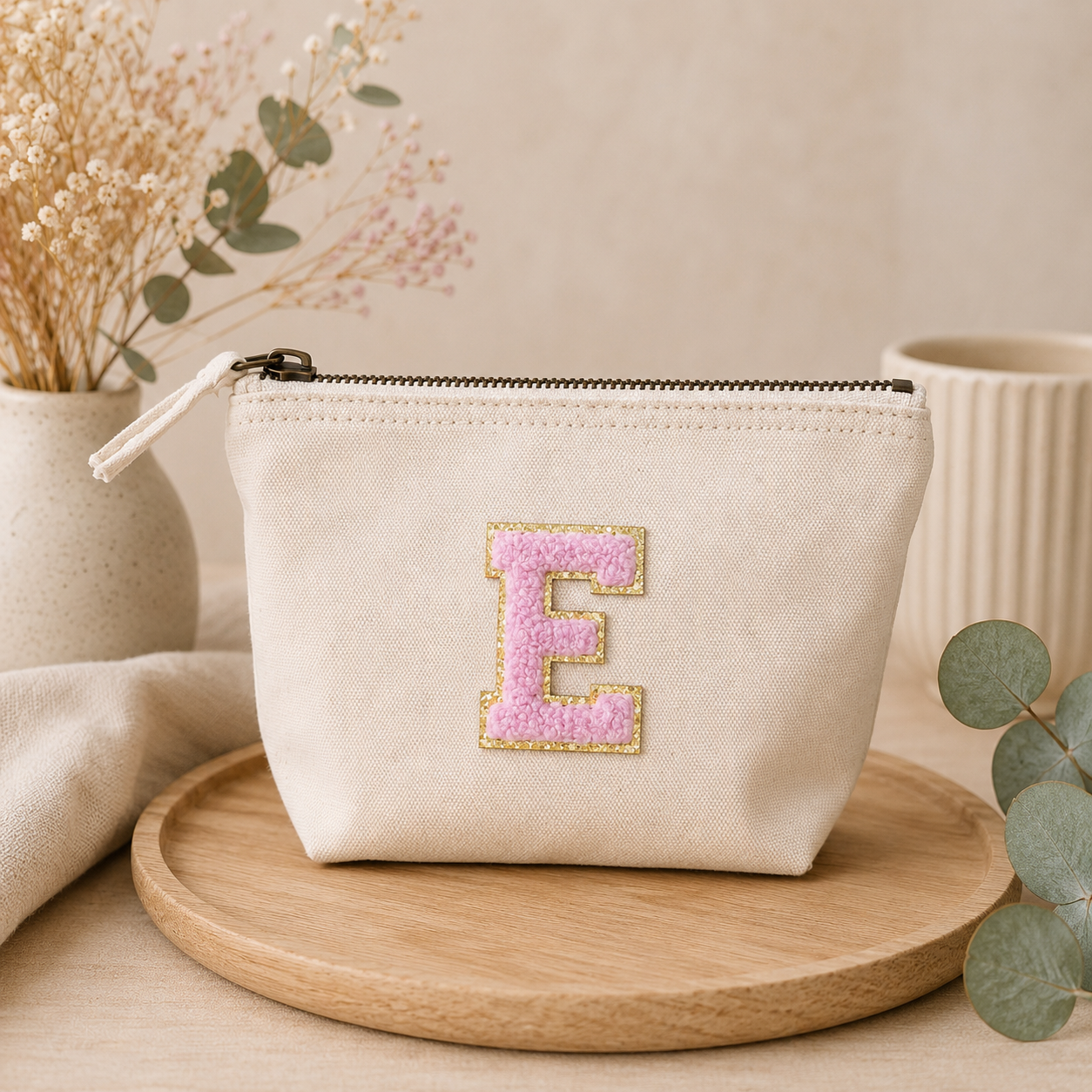 Rosa Initiale Beige Kosmetiktasche S • A–Z • Reise & Geschenkidee Buchstaben
