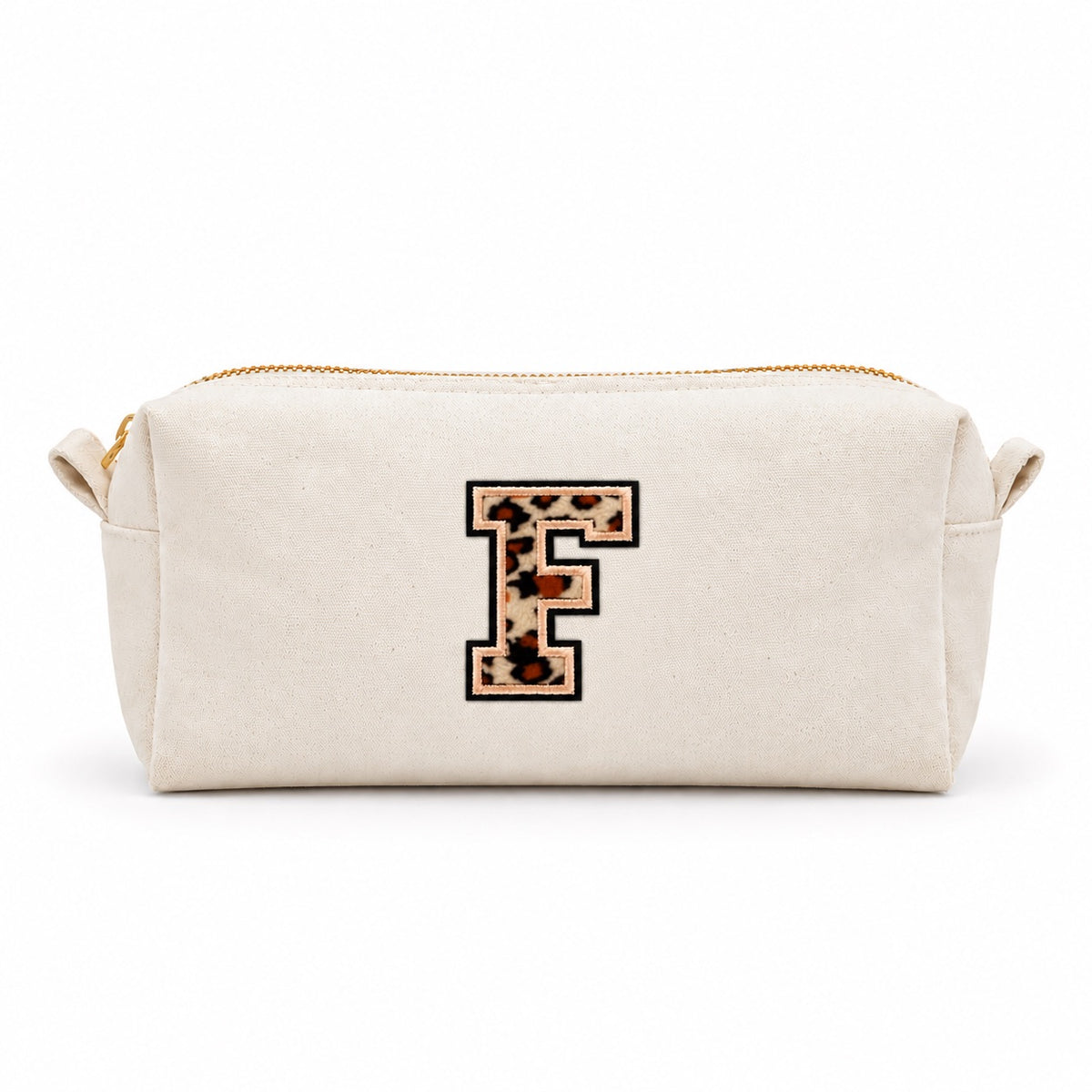 Kosmetiktasche mit Leo-Buchstaben A–Z oder Herz | Baumwolle Make-up Tasche S & L | Beige & Schwarz | Personalisiertes Geschenk für Frauen Kulturbeutel Reiseorganizer