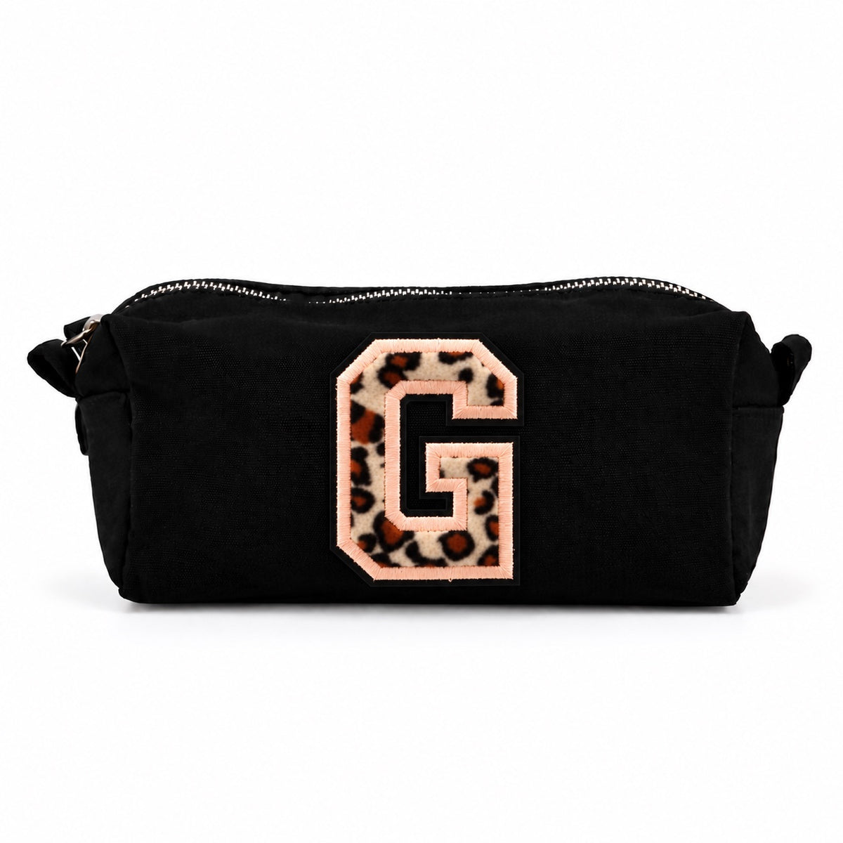 Kosmetiktasche mit Leo-Buchstaben A–Z oder Herz | Baumwolle Make-up Tasche S & L | Beige & Schwarz | Personalisiertes Geschenk für Frauen Kulturbeutel Reiseorganizer