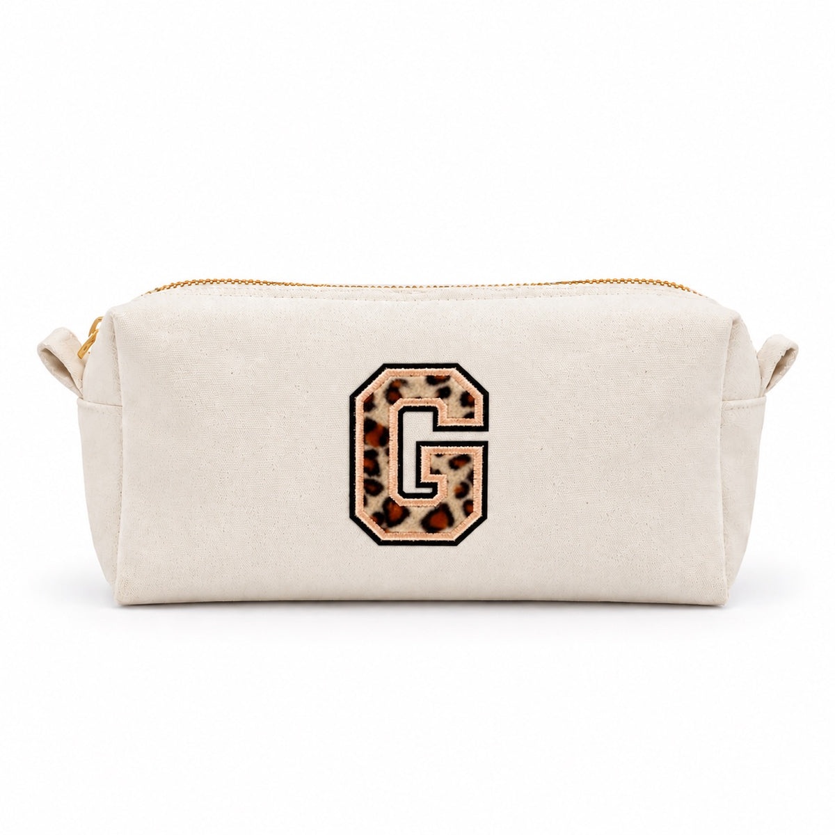 Kosmetiktasche mit Leo-Buchstaben A–Z oder Herz | Baumwolle Make-up Tasche S & L | Beige & Schwarz | Personalisiertes Geschenk für Frauen Kulturbeutel Reiseorganizer