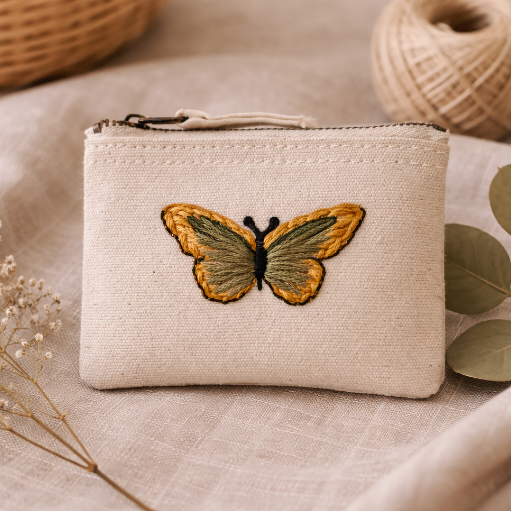Handbestickte Geldbörse mit Schmetterling – Baumwolle Münztasche Geldbeutel Grün Blau Lila Gelb Braun