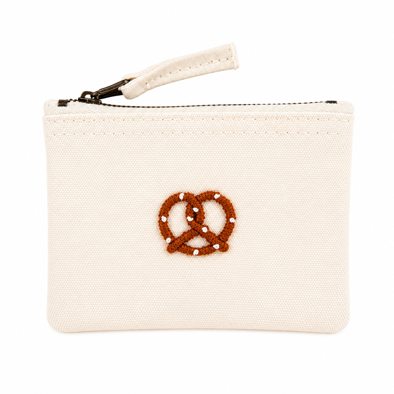 beige Handbestickte Geldbörse mit Brezel – Baumwolle Münztasche Geldbeutel