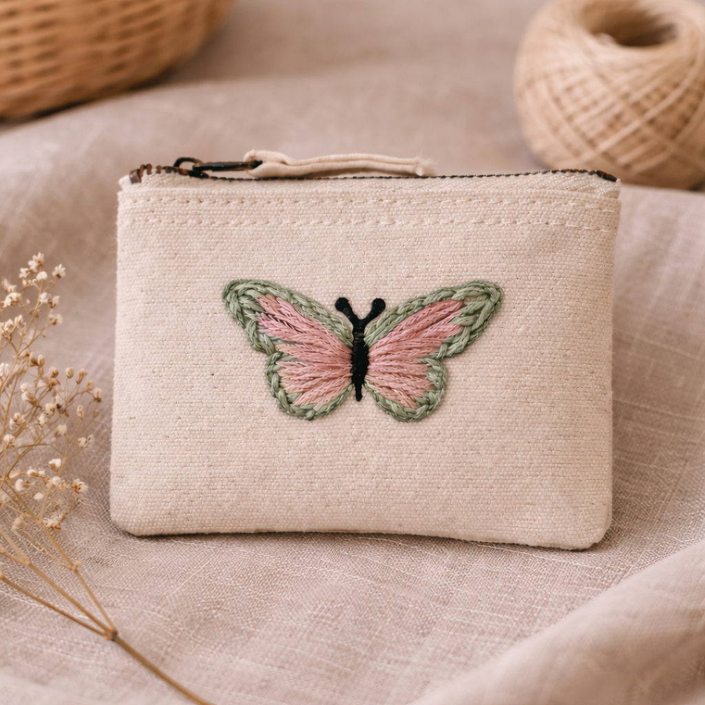 Handbestickte Geldbörse mit Schmetterling – Baumwolle Münztasche Geldbeutel Grün Blau Lila Gelb Braun