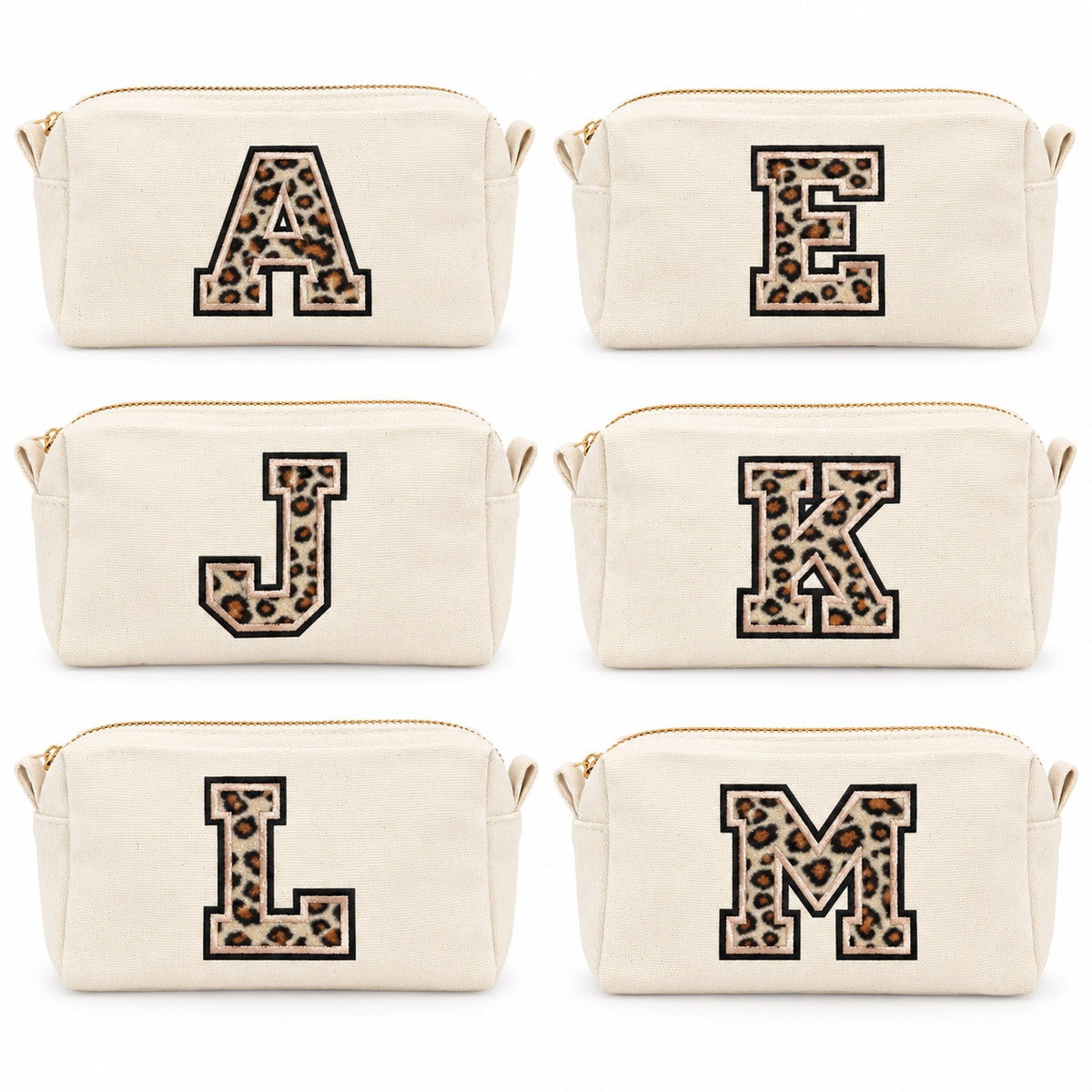 Kosmetiktasche mit Leo-Buchstaben A–Z oder Herz | Baumwolle Make-up Tasche S & L | Beige & Schwarz | Personalisiertes Geschenk für Frauen Kulturbeutel Reiseorganizer