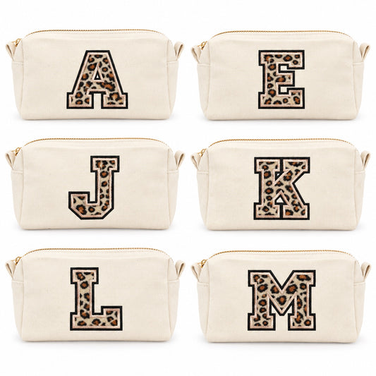 Kosmetiktasche mit Leo-Buchstaben A–Z oder Herz | Baumwolle Make-up Tasche S & L | Beige & Schwarz | Personalisiertes Geschenk für Frauen Kulturbeutel Reiseorganizer