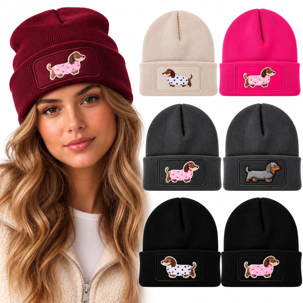 Beanie Mütze mit Dackel Patch – Handveredelte Unisex Strickmütze mit Umschlag – 100 % Polyacryl Soft Touch – Weich & Warm – für Damen & Herren