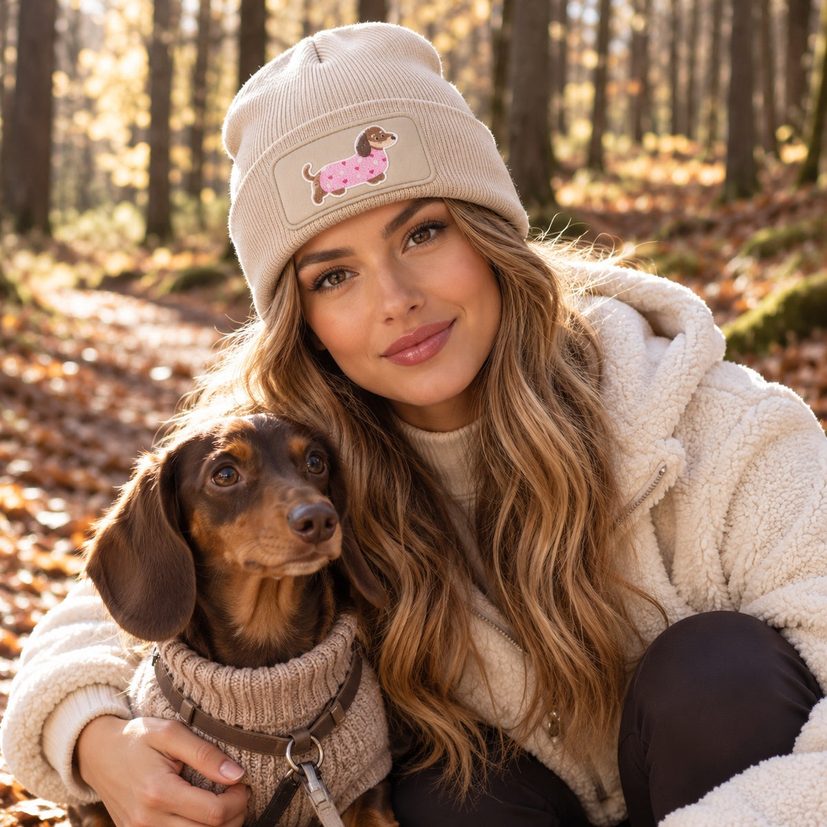 Beanie Mütze mit Dackel Patch – Handveredelte Unisex Strickmütze mit Umschlag – 100 % Polyacryl Soft Touch – Weich & Warm – für Damen & Herren