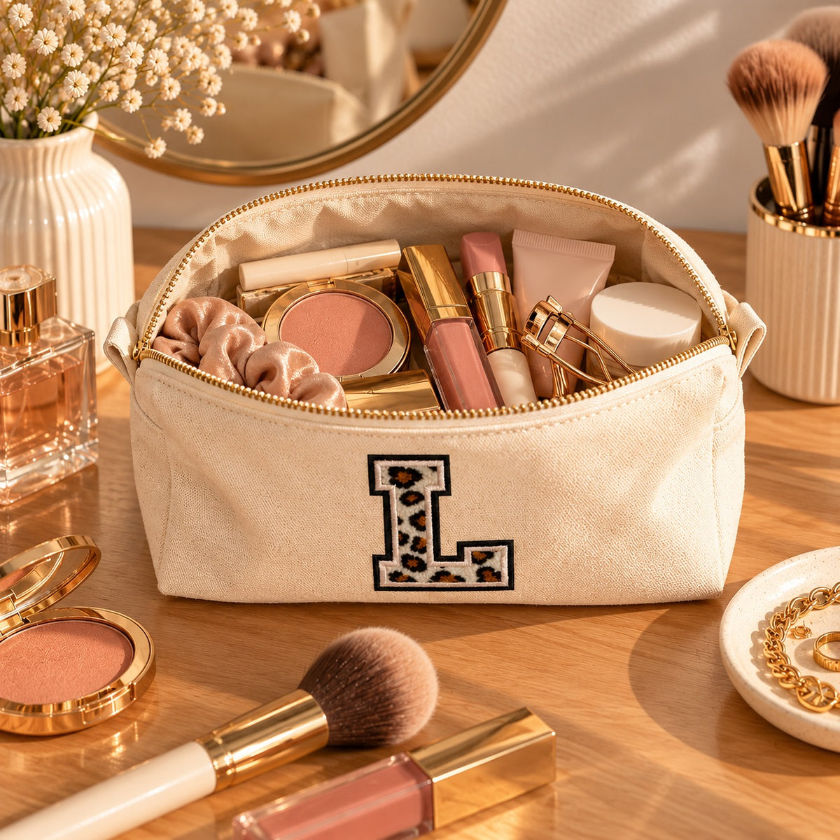 Kosmetiktasche mit Leo-Buchstaben A–Z oder Herz | Baumwolle Make-up Tasche S & L | Beige & Schwarz | Personalisiertes Geschenk für Frauen Kulturbeutel Reiseorganizer