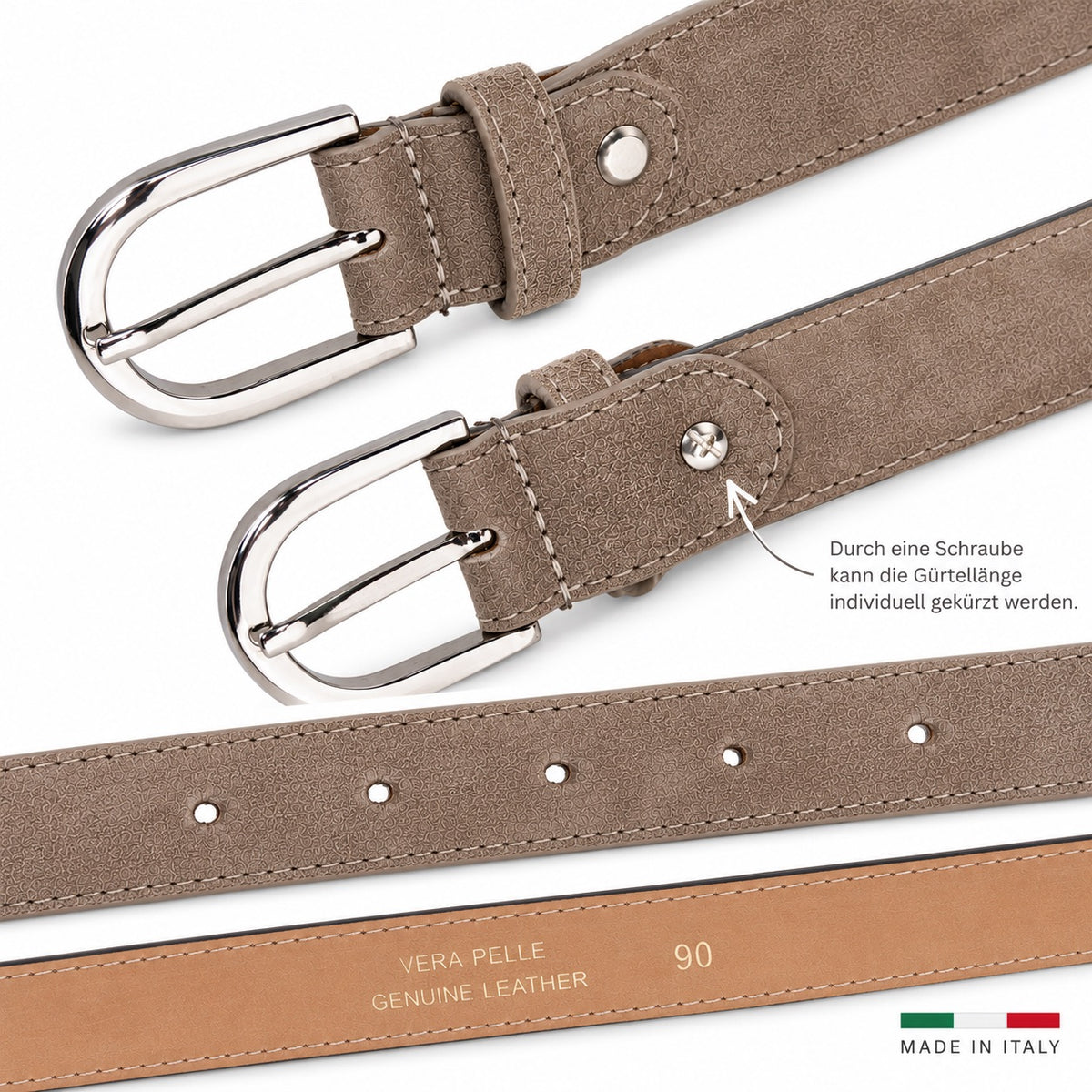 Damen Gürtel mit Wildleder-Oberfläche 3 cm Made in Italy Silber/Gold 85–100 cm