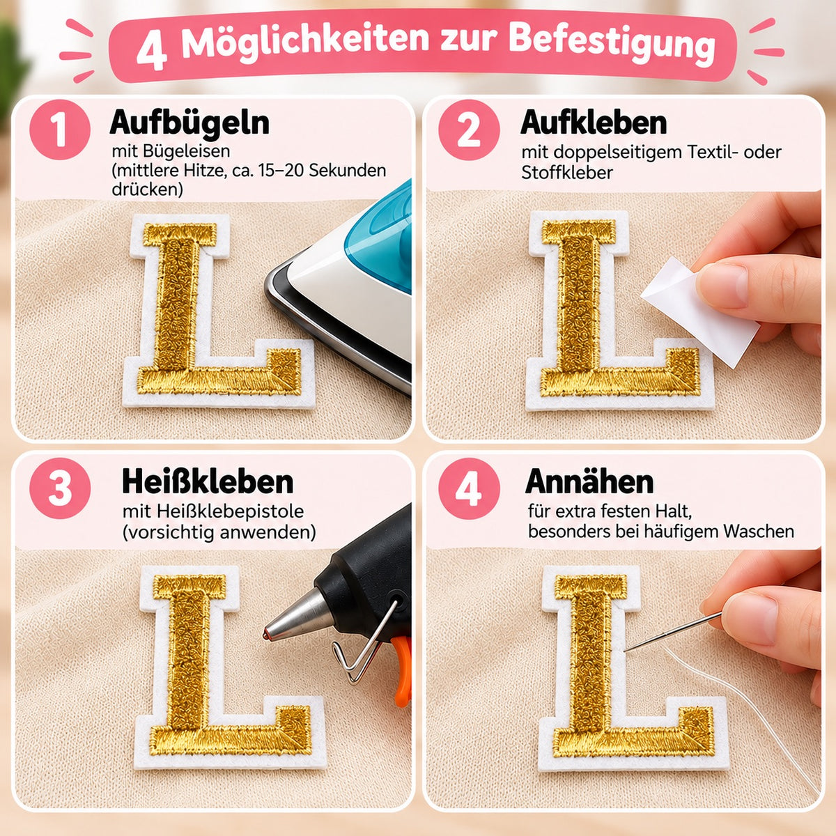 gold 5cm A-Z Buchstaben Aufbügeln Aufnäher für Kleidung Taschen Schuhe Handyhülle DIY