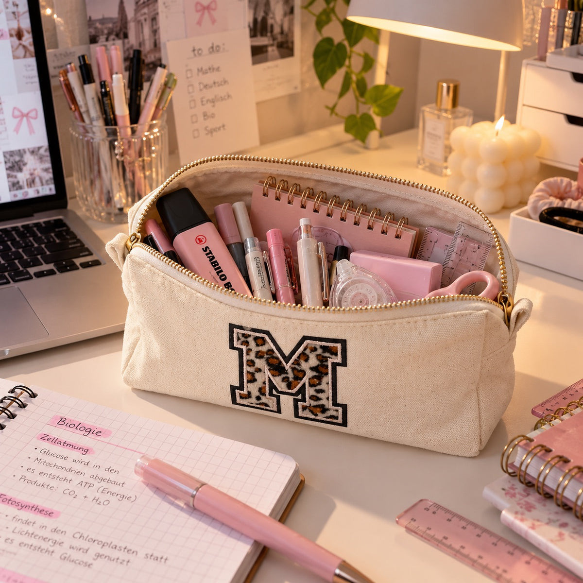 Kosmetiktasche mit Leo-Buchstaben A–Z oder Herz | Baumwolle Make-up Tasche S & L | Beige & Schwarz | Personalisiertes Geschenk für Frauen Kulturbeutel Reiseorganizer